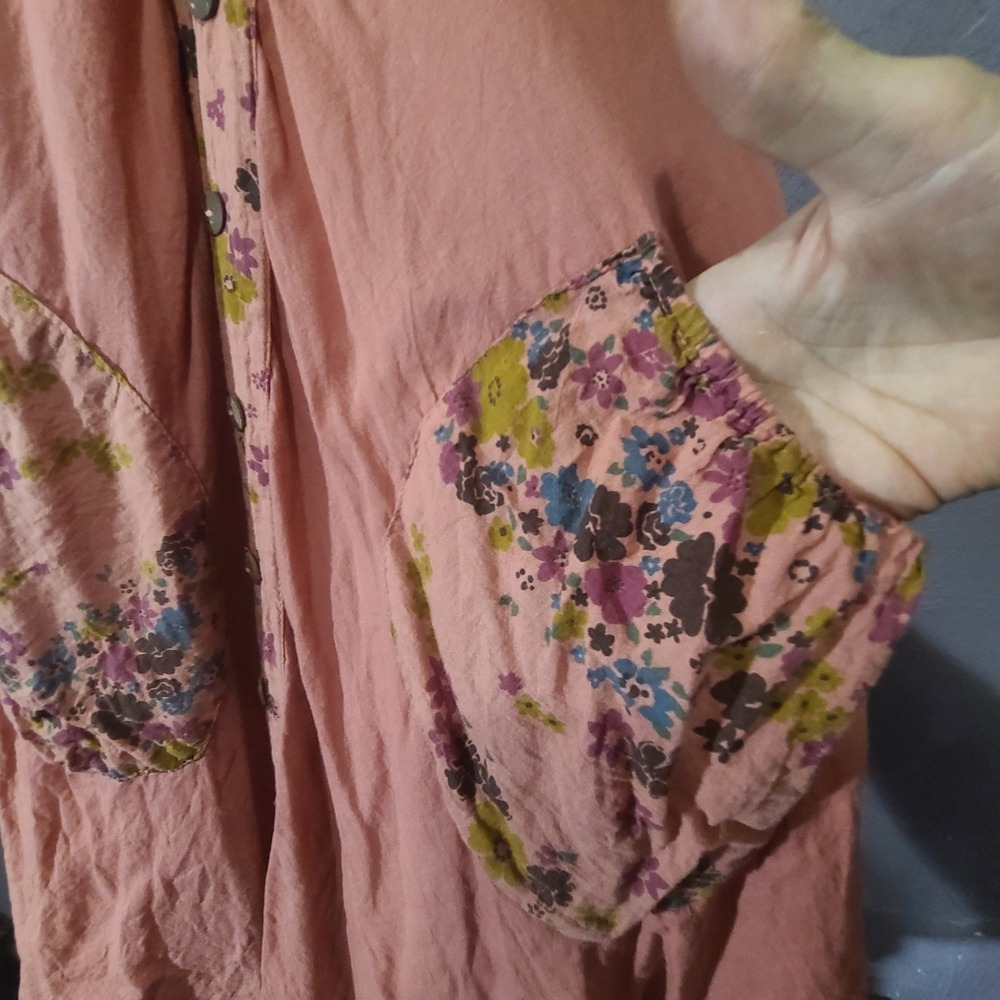Fairycore Midi Dress Women Coral Pink Floral Trim Layered Boho Pockets Large - Picture 10 of 12